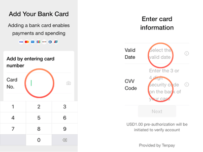 Screen for entering credit card number, expiration date, and CVV code in WeChat Pay