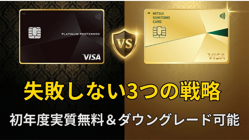 Checklist showing 3 strategies to avoid mistakes when comparing Sumitomo Mitsui Platinum Preferred and Gold, highlighting first-year free benefit and downgrade option