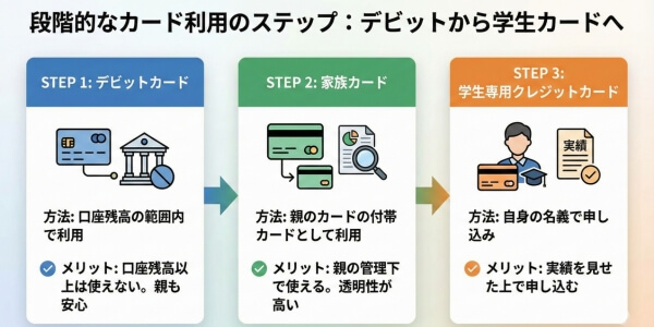 Diagram showing gradual steps from debit to student credit cards to resolve concerns about why university students should avoid credit cards.